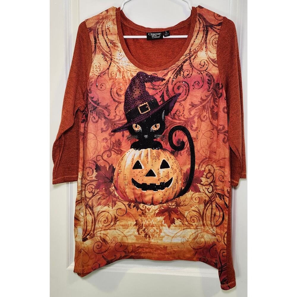Onque Casual Women's Halloween Knit Top with Rhinestones, Rust Color, Size L